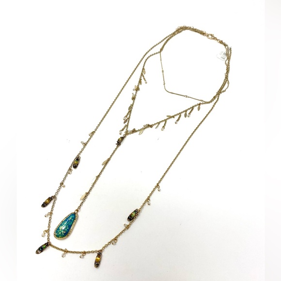 NWT Free People Festival Stone Layered Gold Necklace Turquoise - Picture 2 of 6
